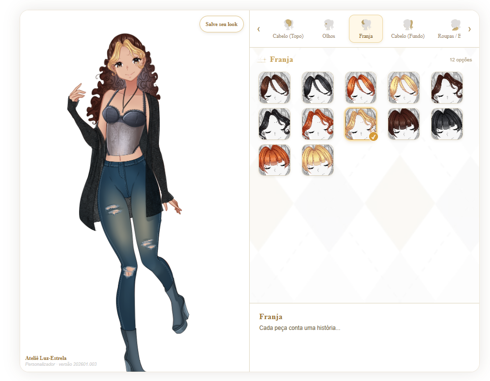 Interface da terceira versão do personalizador do Ateliê Luz-Estrela